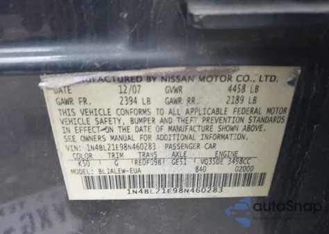 2008 Nissan Altima 3.5 Sl z USA, uszkodzony, nr VIN 1N4BL21E98N460283